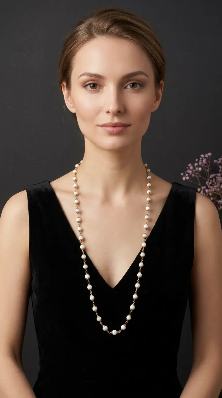 Vintage long necklace with white pearls and gold bead details, worn by a model.