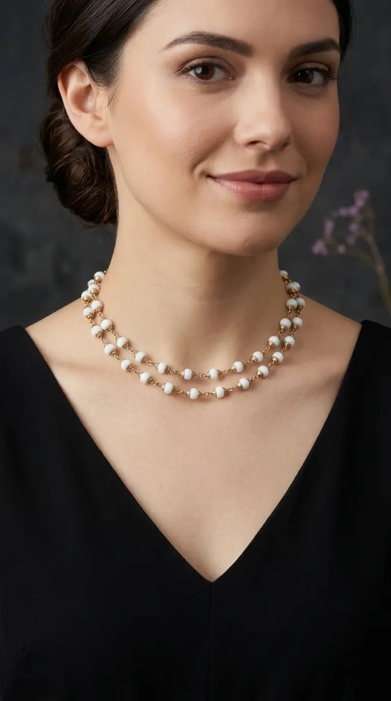 Vintage double strand white beaded gold chain necklace on a woman