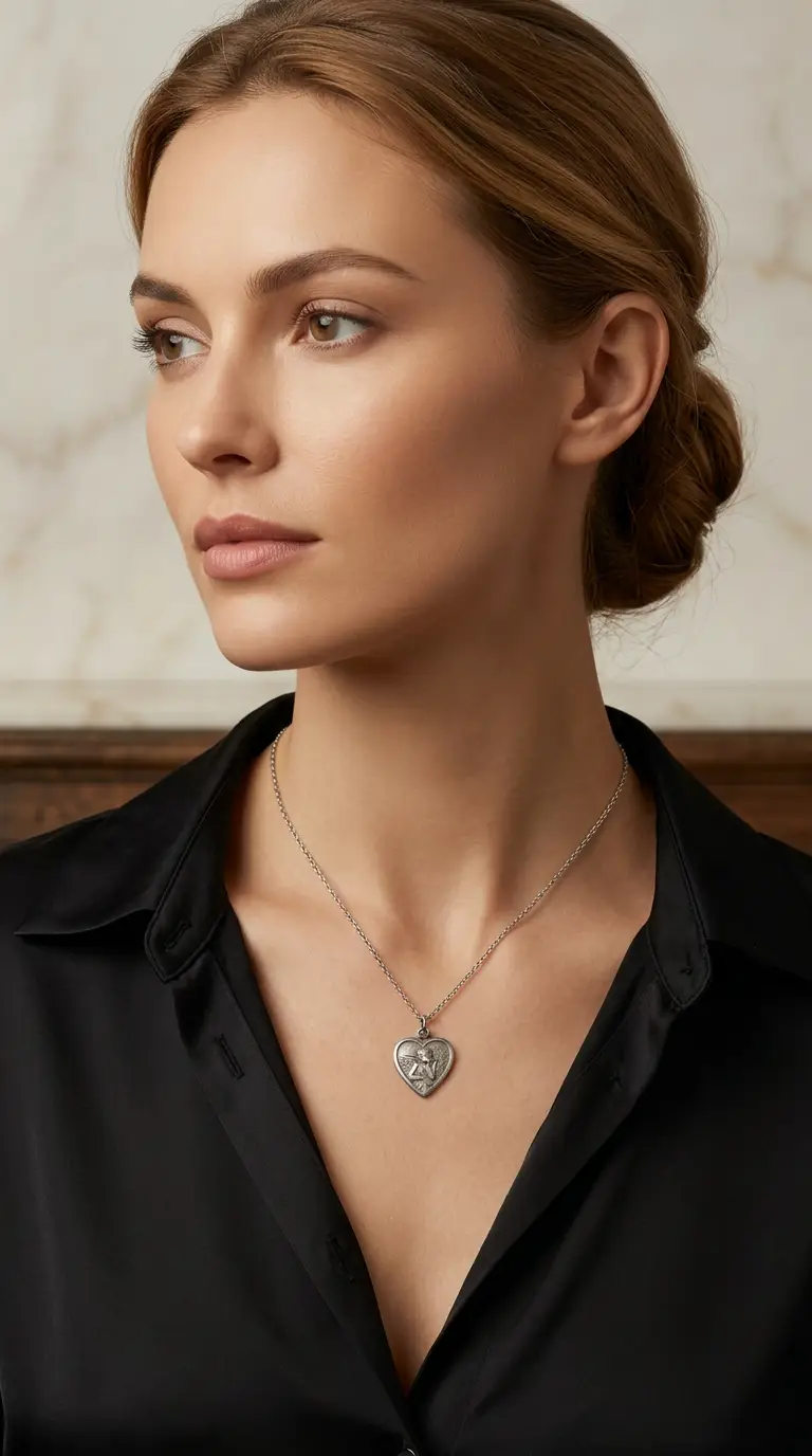 Elegant woman wearing a vintage silver heart pendant necklace with embossed angel design.