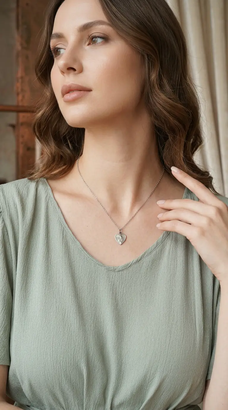 Vintage silver heart locket necklace with angel motif, worn by a woman.