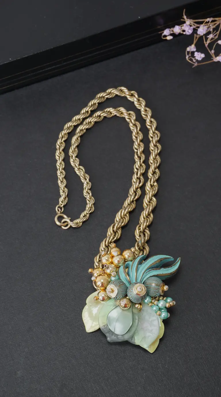 Vintage gold tone rope chain necklace with ornate teal, mint green, and gold floral cluster pendant featuring beads and leaf accents.