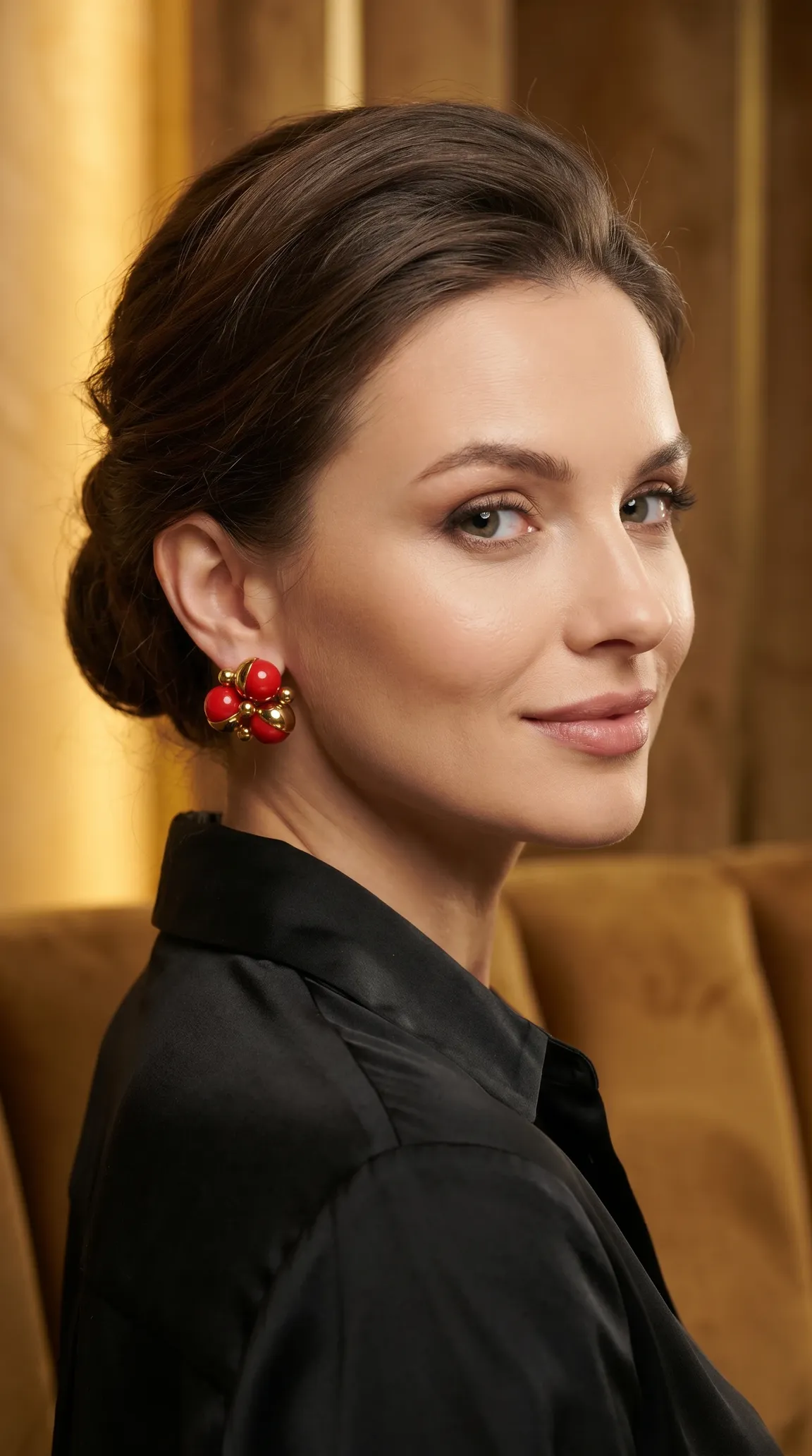 Vintage red and gold cluster earrings on model, retro statement jewelry for women