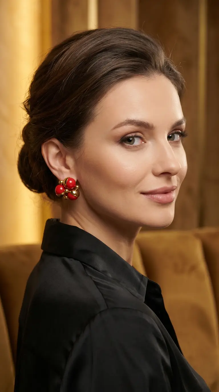 Vintage red and gold cluster earrings on model, retro statement jewelry for women