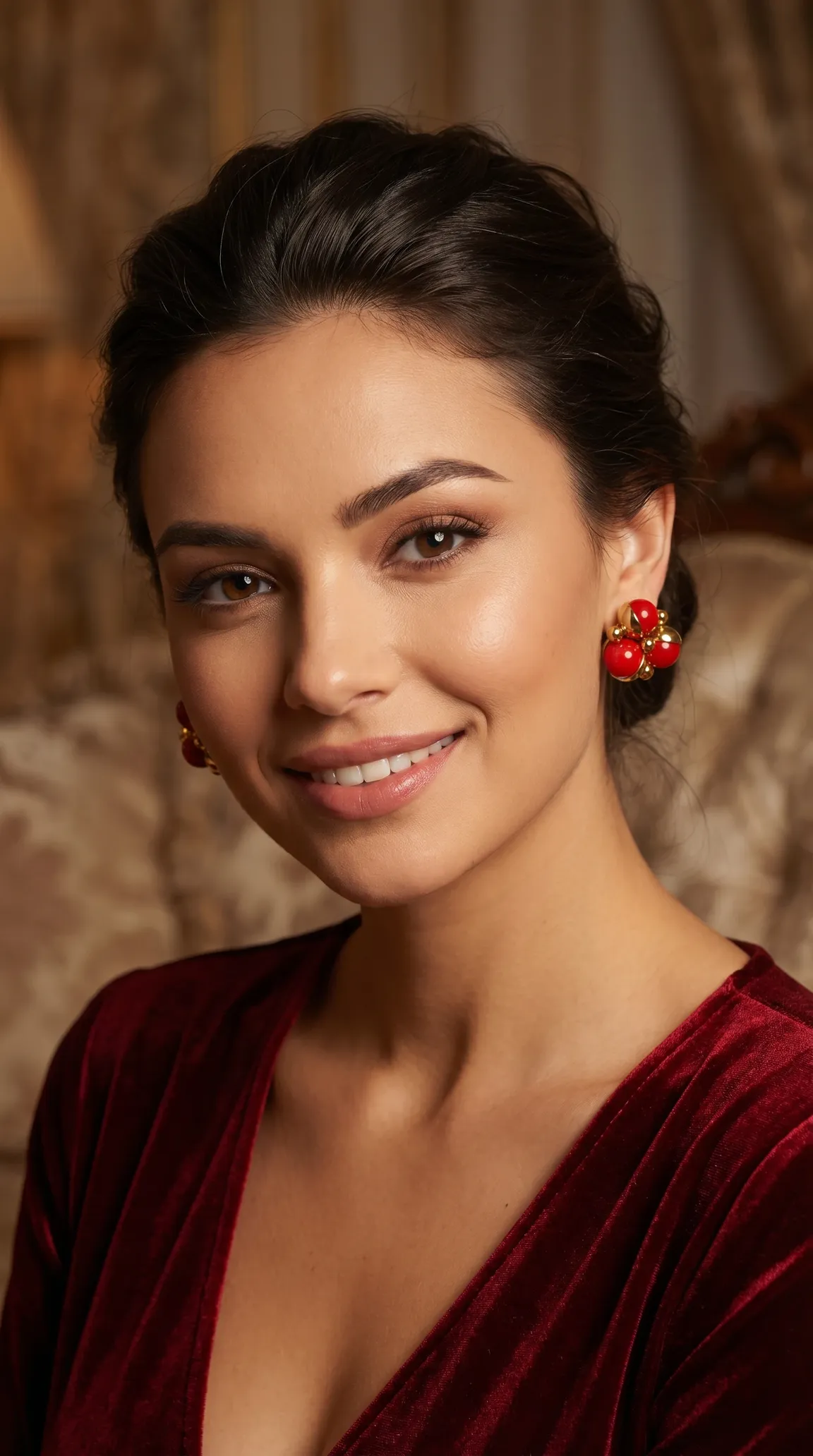 Smiling woman wearing vintage red and gold bead cluster earrings with a red velvet top, perfect for vintage jewelry collection.