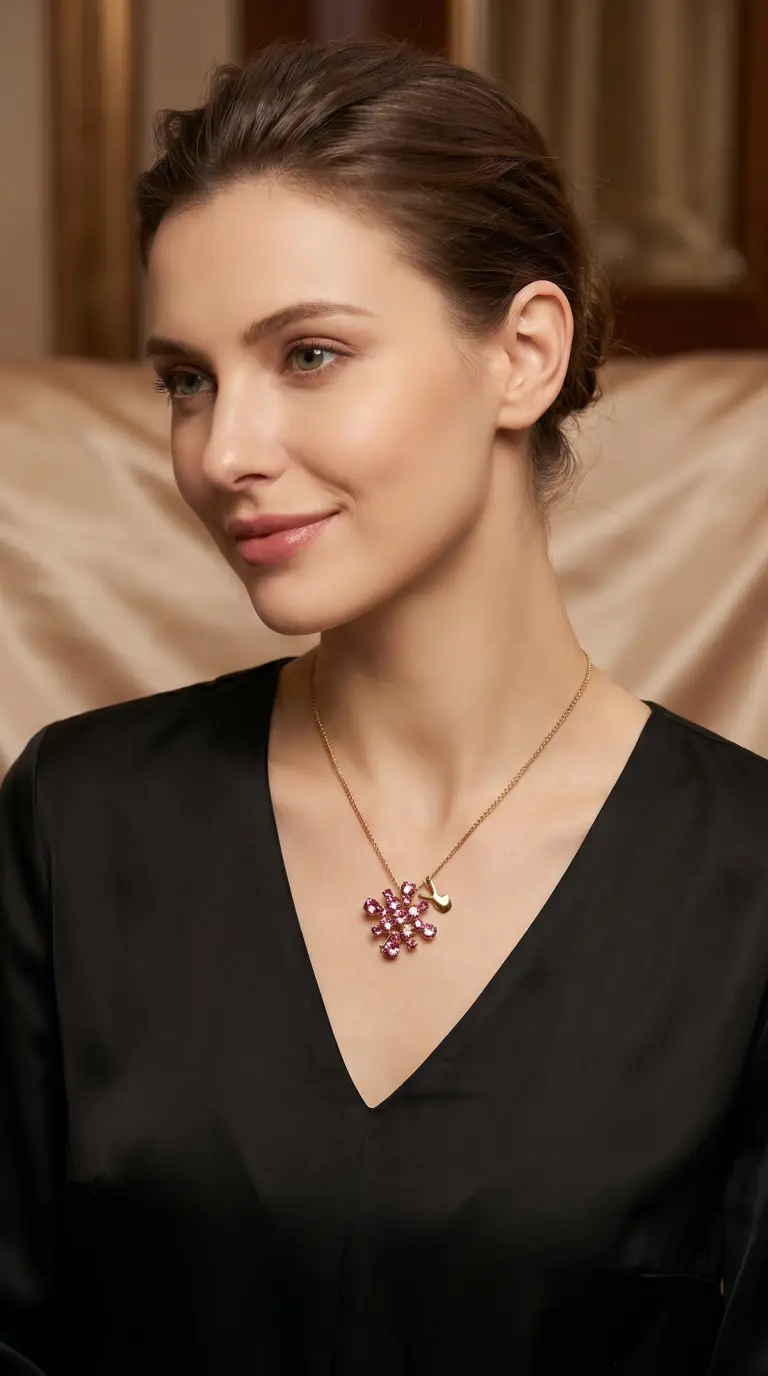 Vintage gold necklace with pink gemstone cluster pendant and small golden charm on a woman