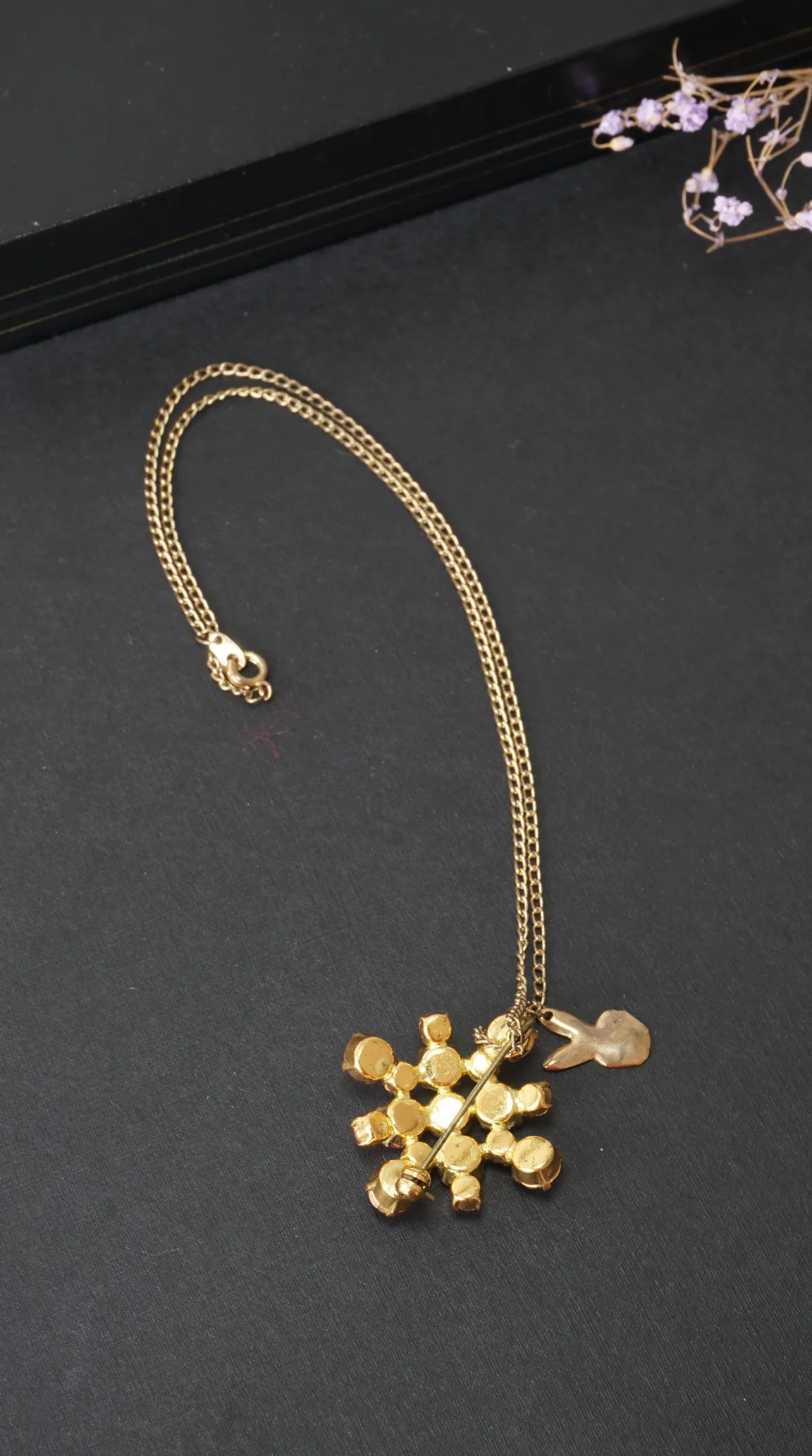 Vintage gold tone snowflake brooch necklace with bunny charm, repurposed jewelry.