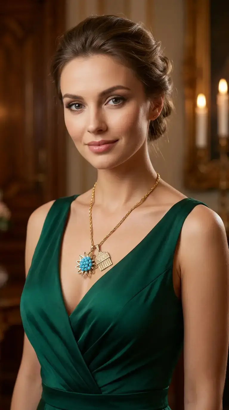 Vintage gold necklace with ornate rectangular pendant and turquoise flower detail on woman in navy dress.