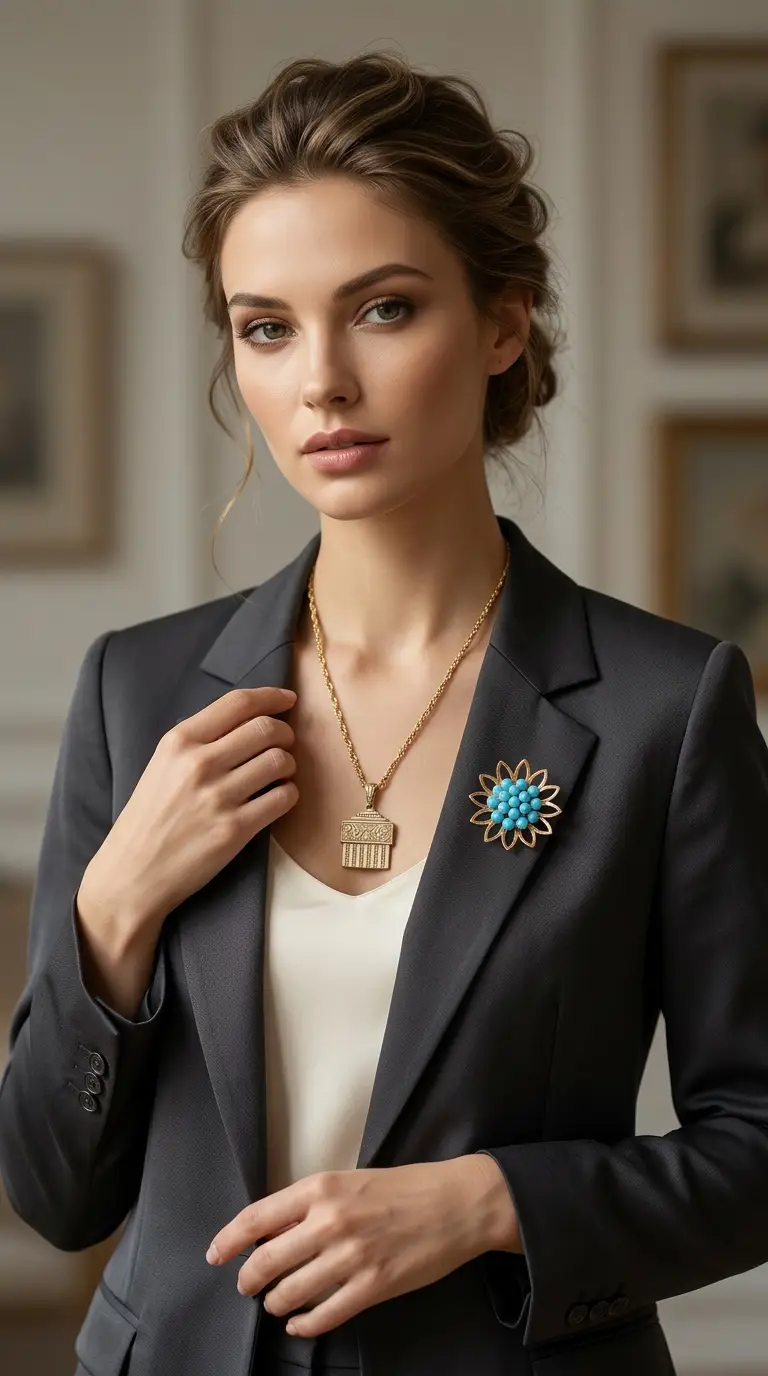 Vintage gold pendant necklace with intricate details and a gold flower brooch featuring turquoise beads worn by a woman.