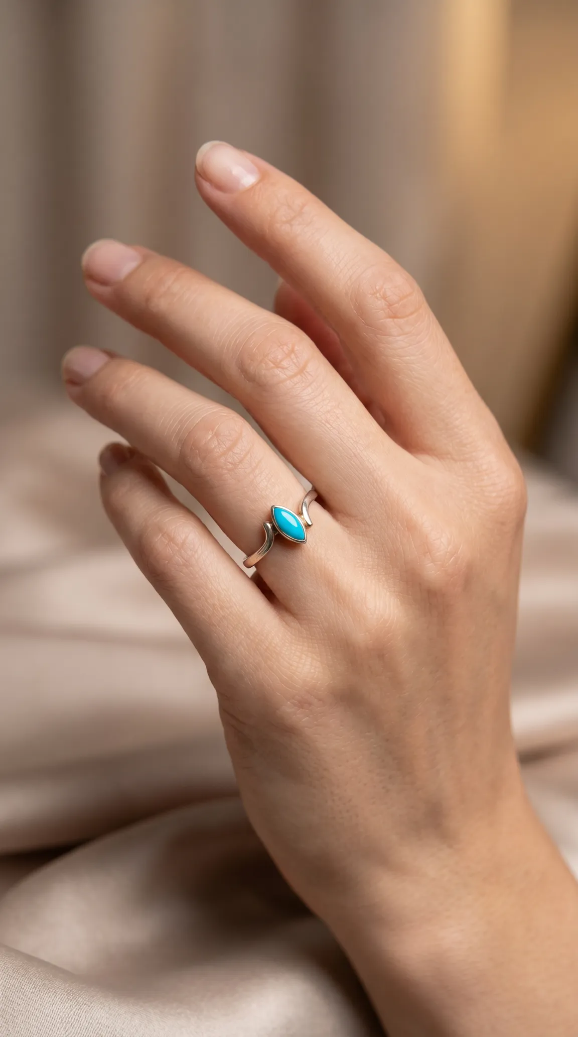 Vintage silver marquise turquoise ring worn on hand