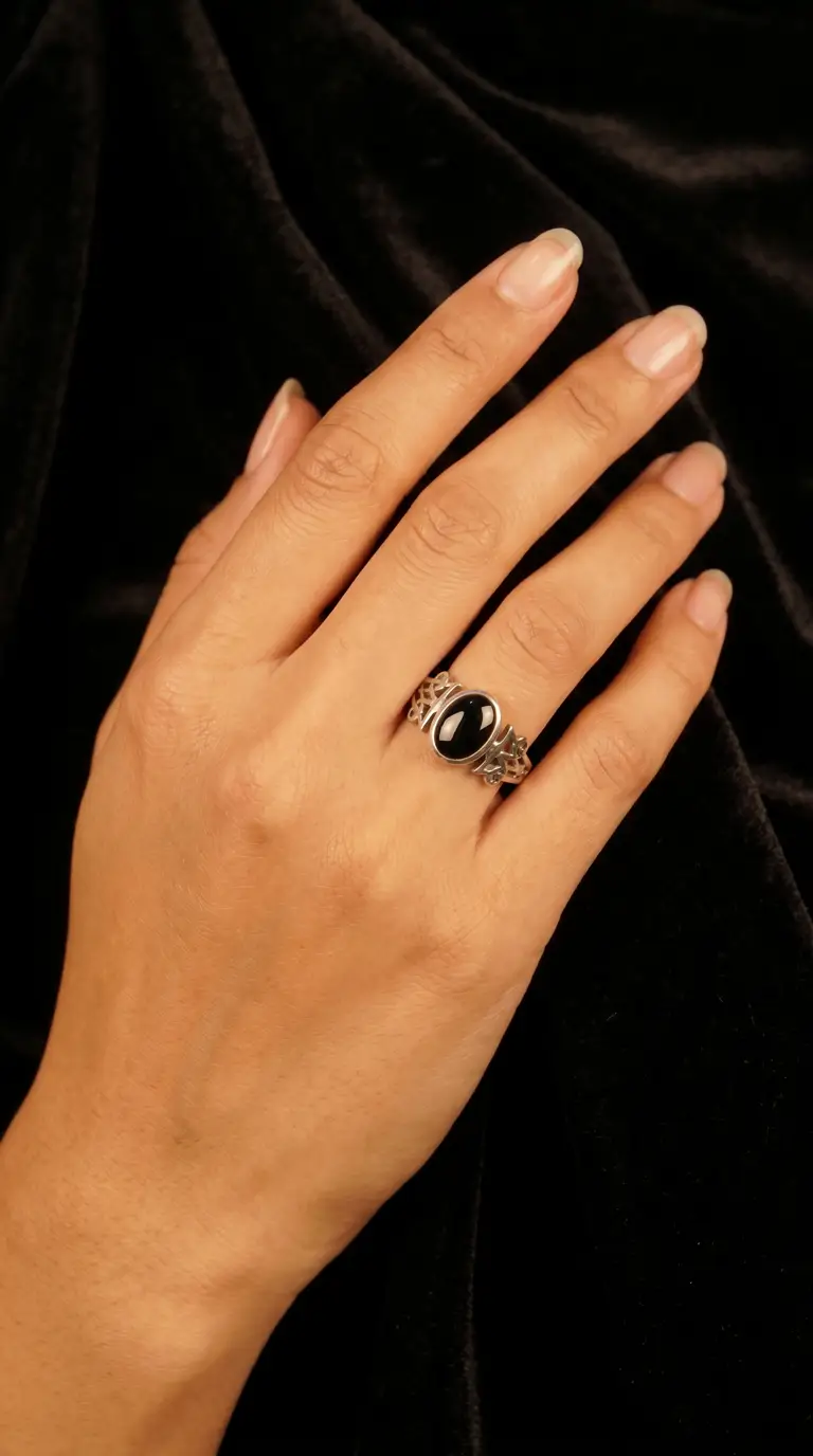Vintage sterling silver black onyx ring with ornate filigree band, worn on hand.