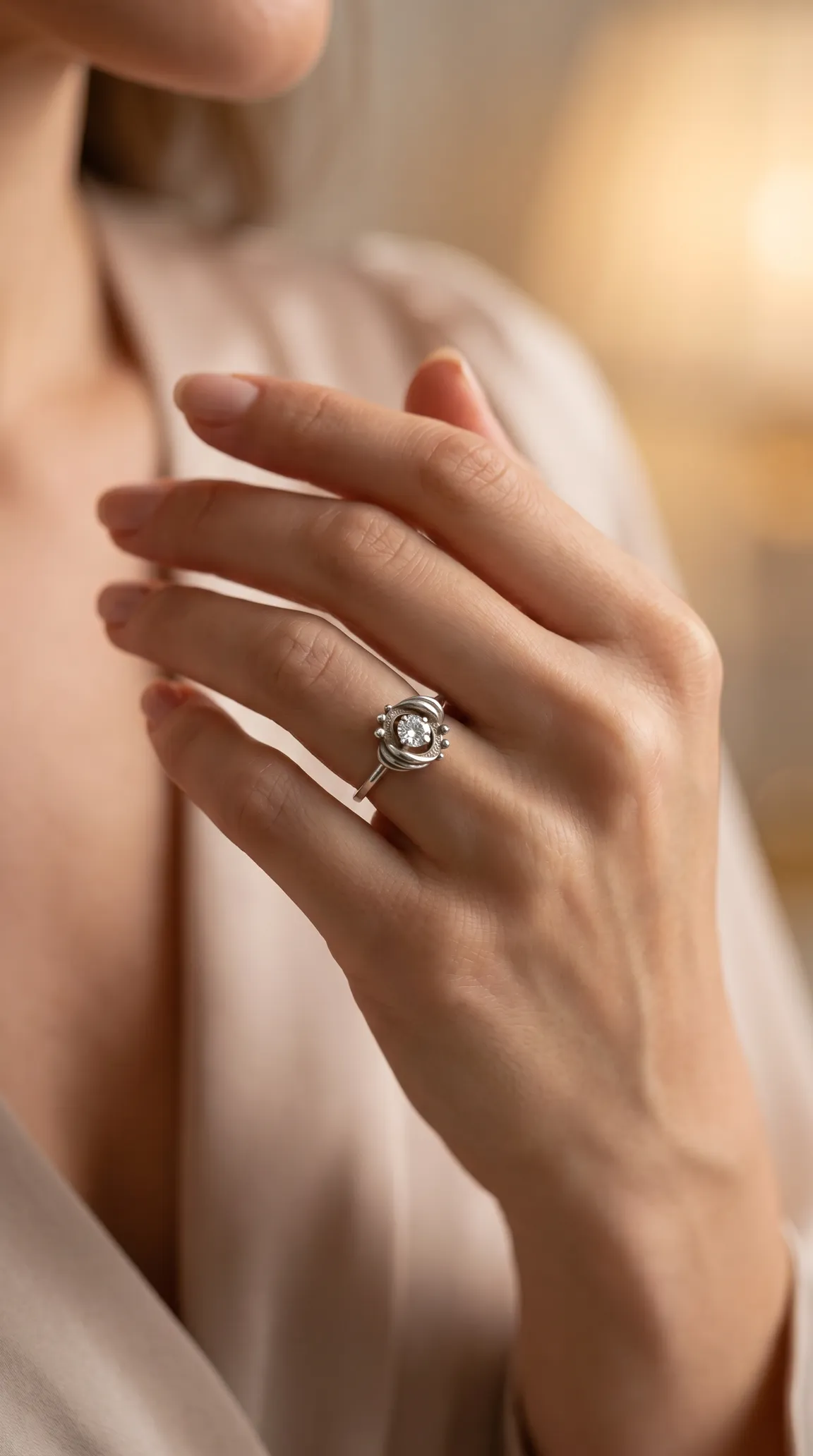 Vintage silver ring with intricate setting and sparkling clear gemstone on woman's hand.