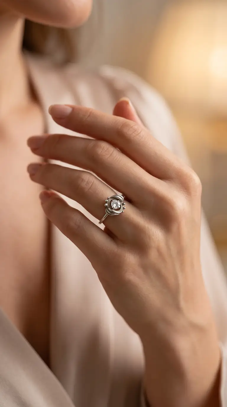 Vintage silver ring with intricate setting and sparkling clear gemstone on woman's hand.