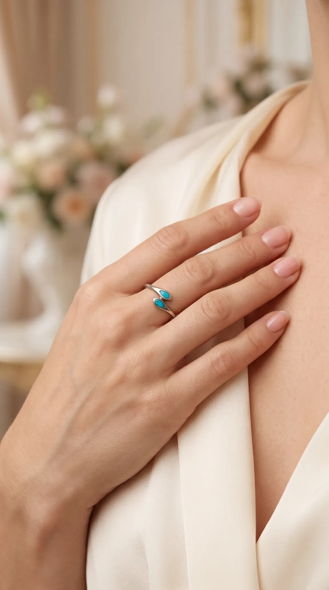 Vintage sterling silver open ring with two inlaid turquoise stones, worn on a woman's hand.