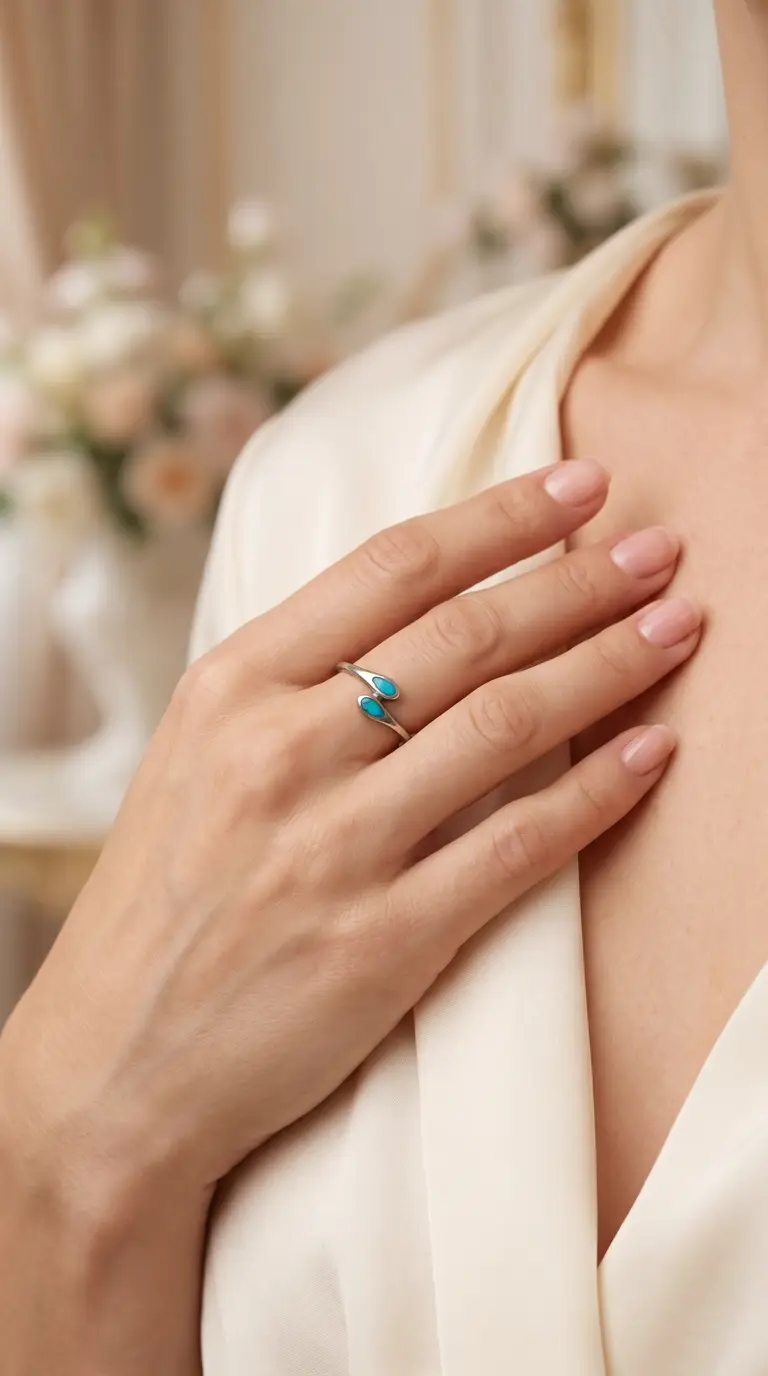 Vintage sterling silver open ring with two inlaid turquoise stones, worn on a woman's hand.