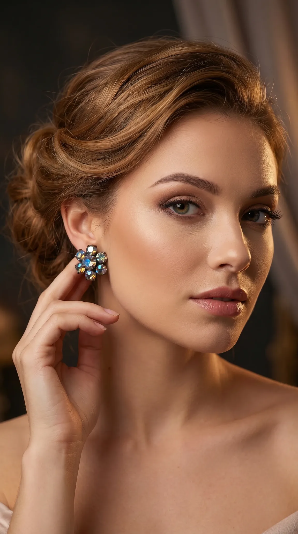 Vintage blue and amber rhinestone cluster earring on elegant model