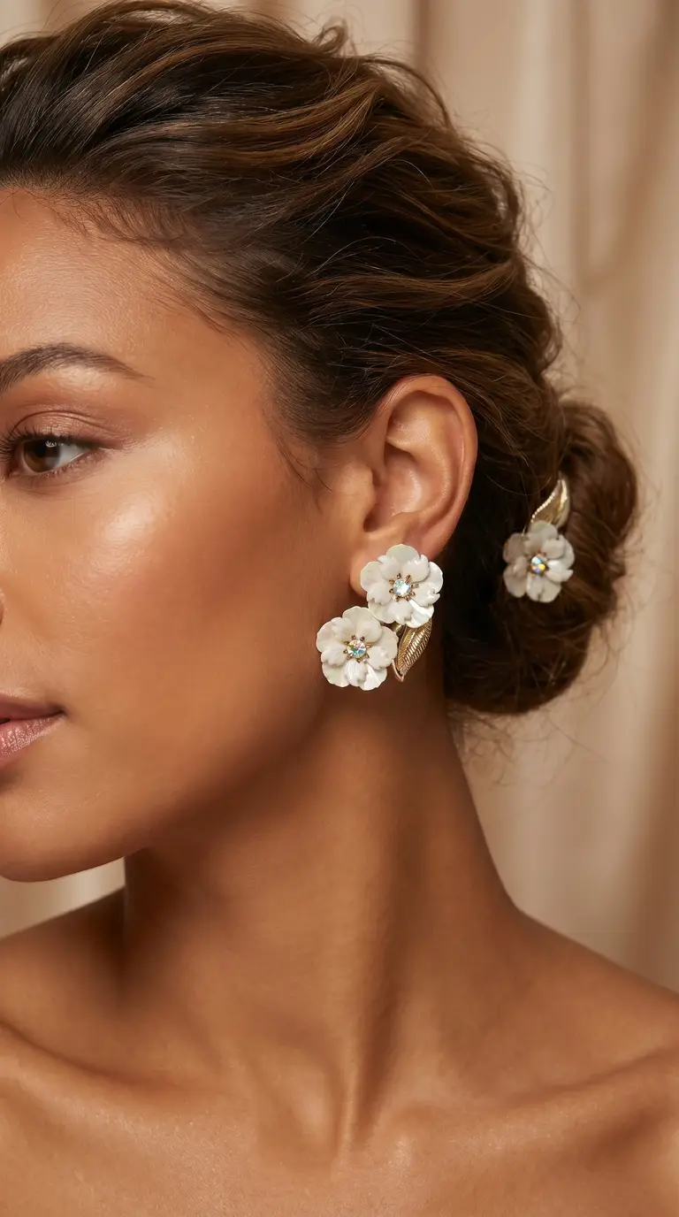 Vintage white floral earrings with iridescent crystal centers and gold leaves, worn by a woman with a matching floral hair pin.