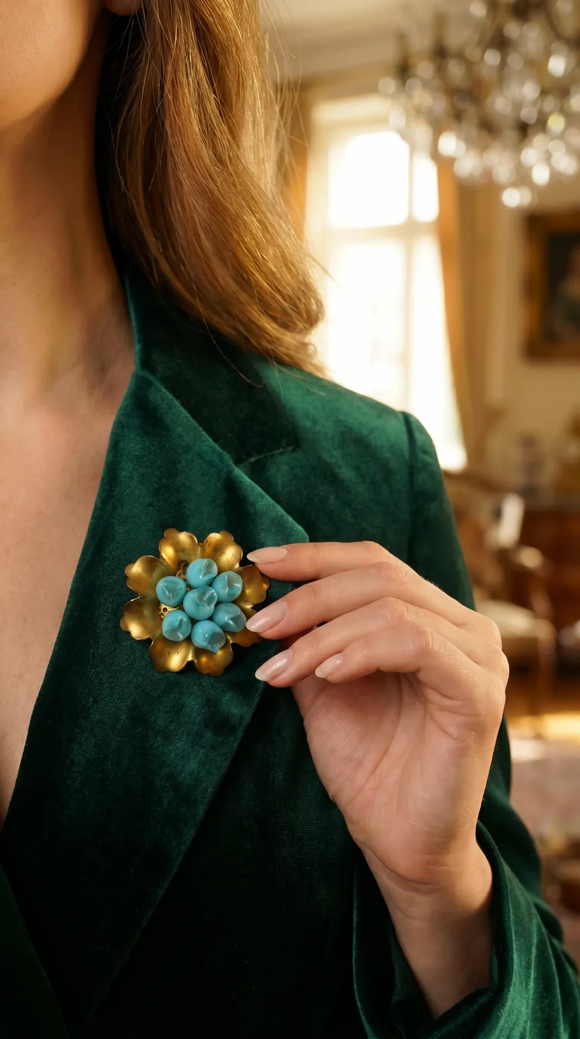 Vintage gold flower brooch with light blue beaded center on a woman's green velvet jacket.