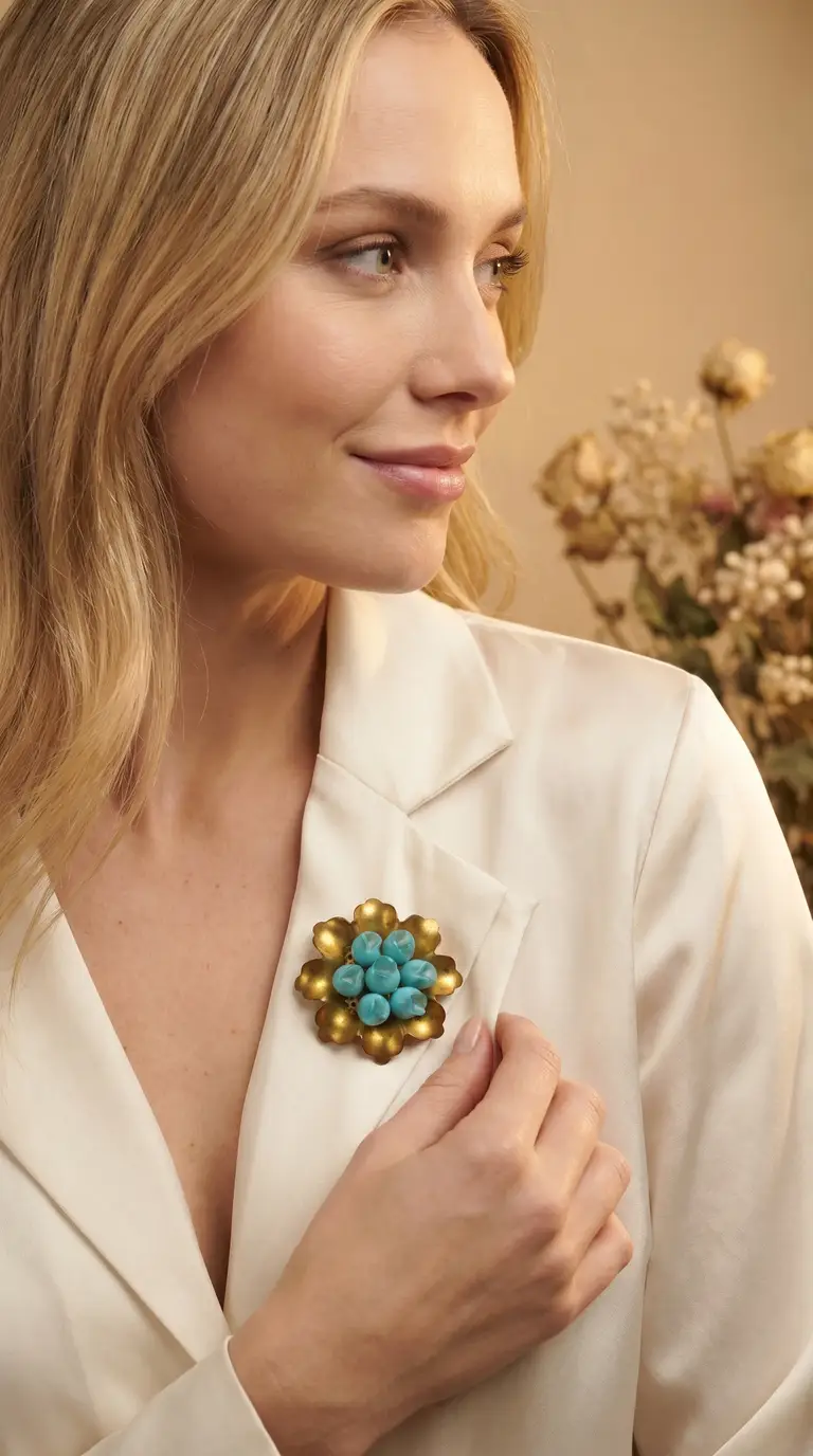 Vintage gold tone floral brooch with turquoise beads on a woman's cream satin jacket.