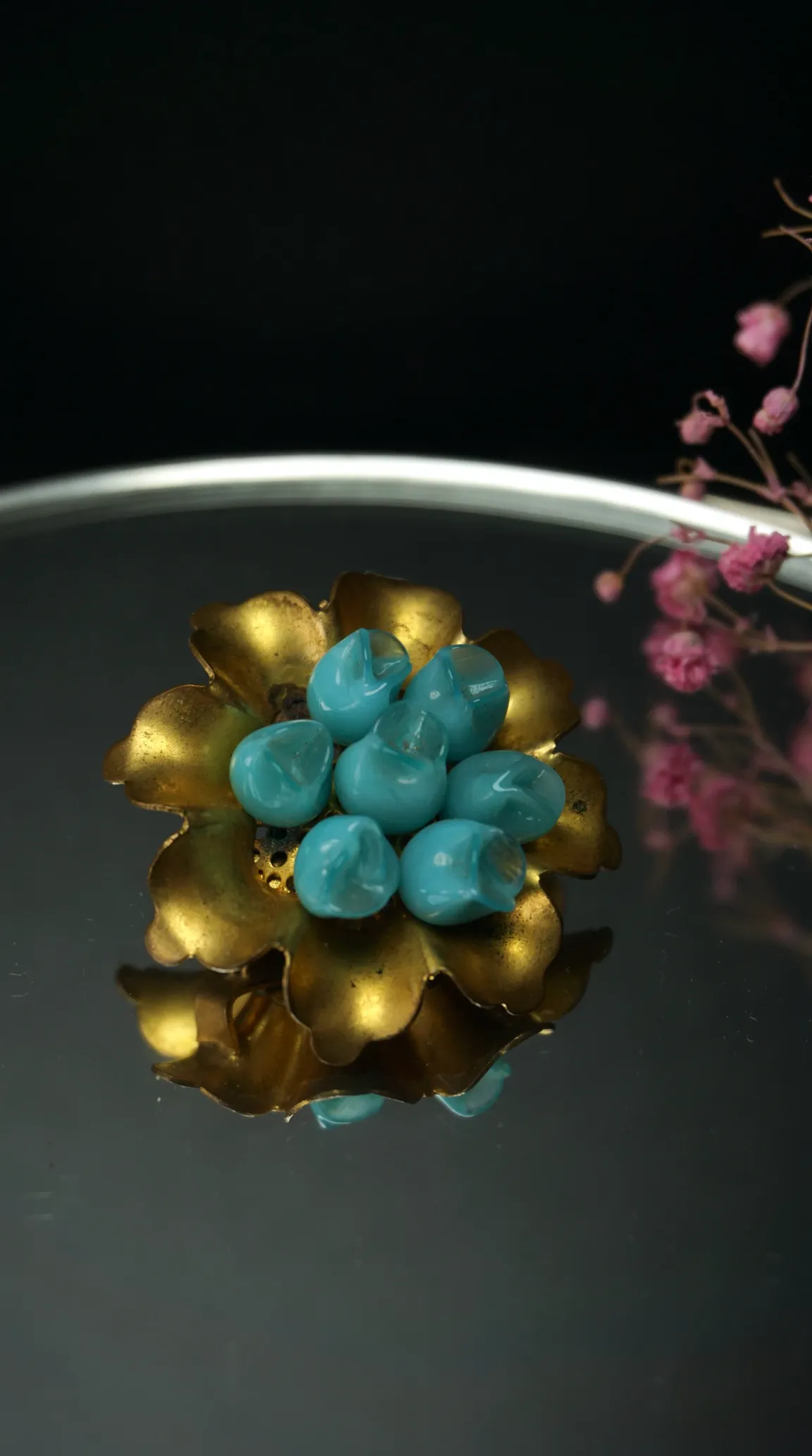 Vintage brass flower brooch with clustered turquoise beads