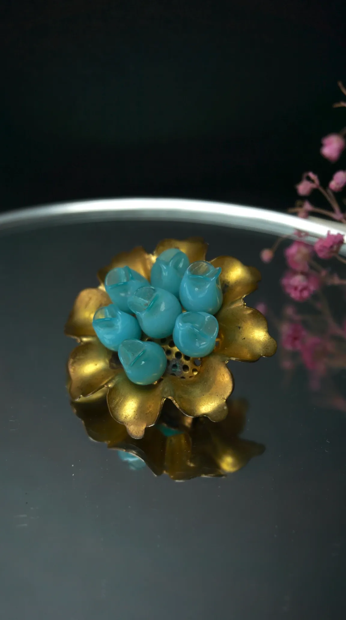 Vintage gold tone floral brooch with aqua blue glass buds