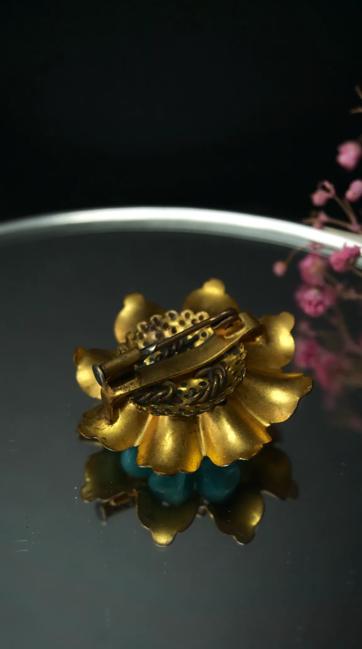Vintage gold flower brooch back with pin mechanism, turquoise accents