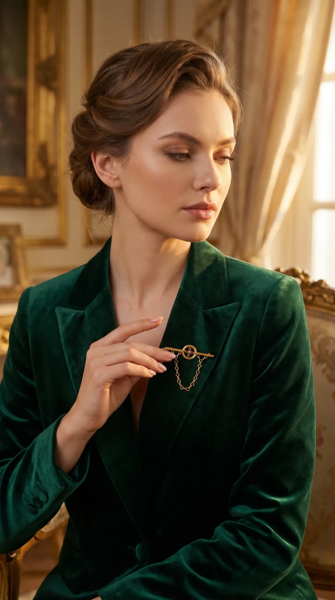 Vintage gold bar brooch with red stones and chains, pinned to a dark green velvet blazer worn by an elegant woman.