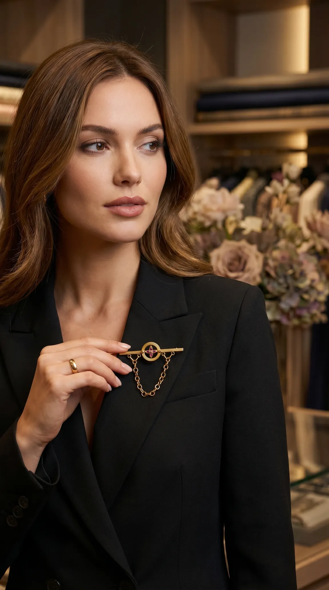 Vintage gold bar brooch with ruby star design and chain on an elegant woman wearing a black blazer and a gold dome ring.
