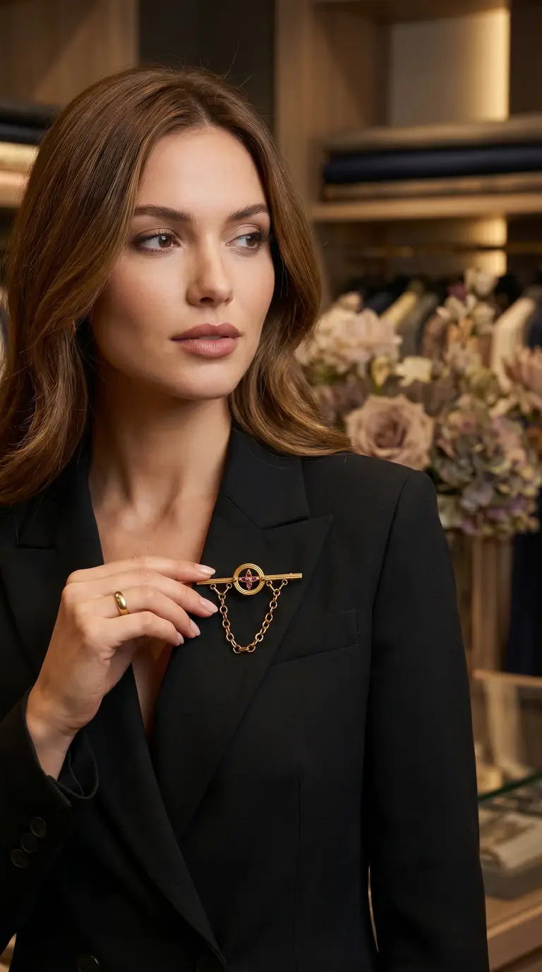 Vintage gold bar brooch with ruby star design and chain on an elegant woman wearing a black blazer and a gold dome ring.