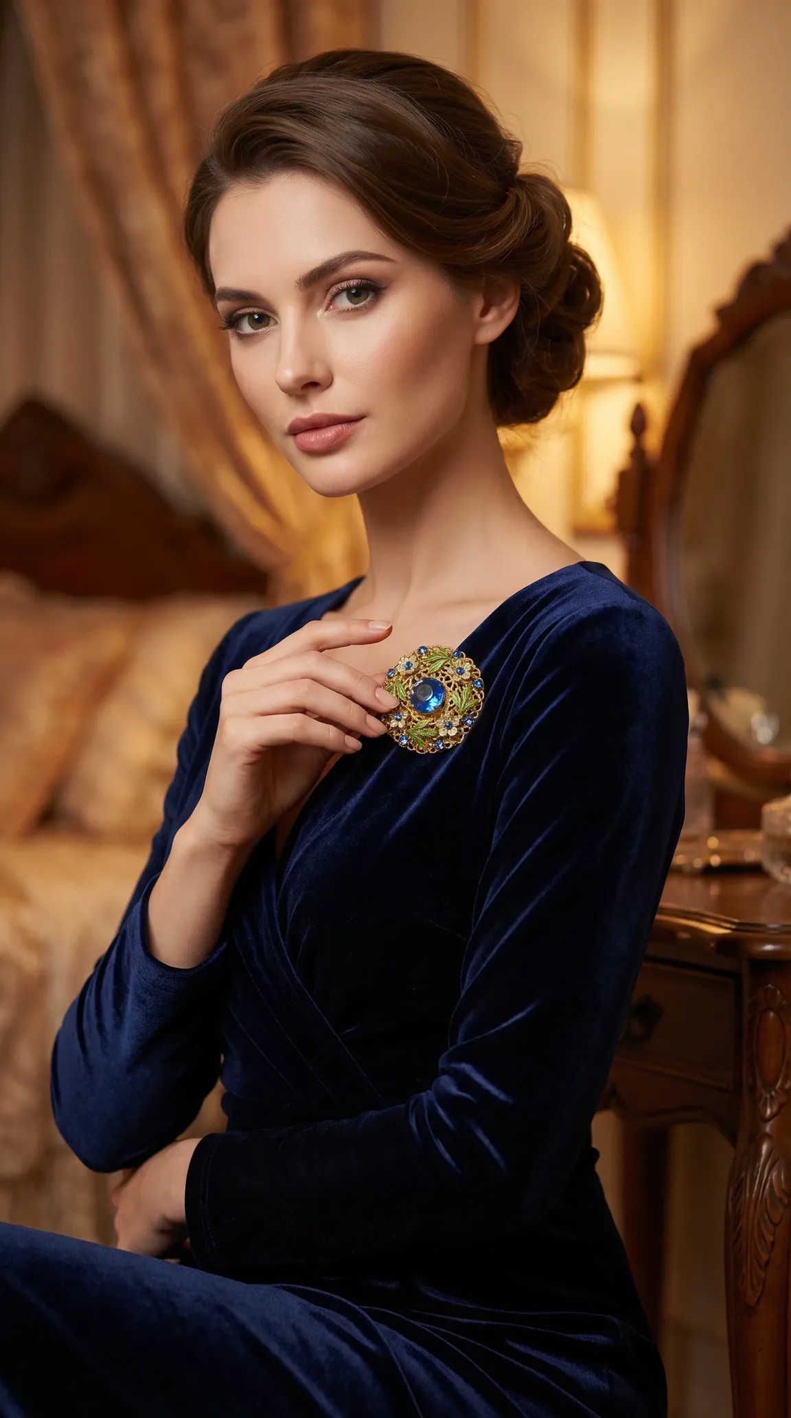 Elegant woman modeling a vintage gold-toned brooch with a blue sapphire-style center gem, green enamel, and clear crystals on a navy velvet dress.