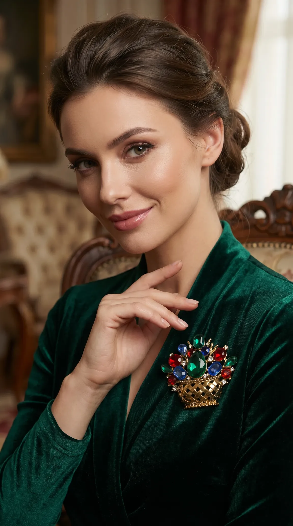 Vintage gold tone basket brooch with red, blue, and green multi-colored gemstones worn on a woman in a green velvet dress.