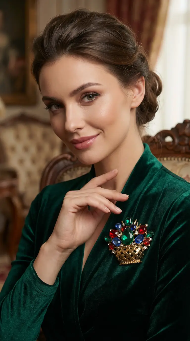 Vintage gold tone basket brooch with red, blue, and green multi-colored gemstones worn on a woman in a green velvet dress.