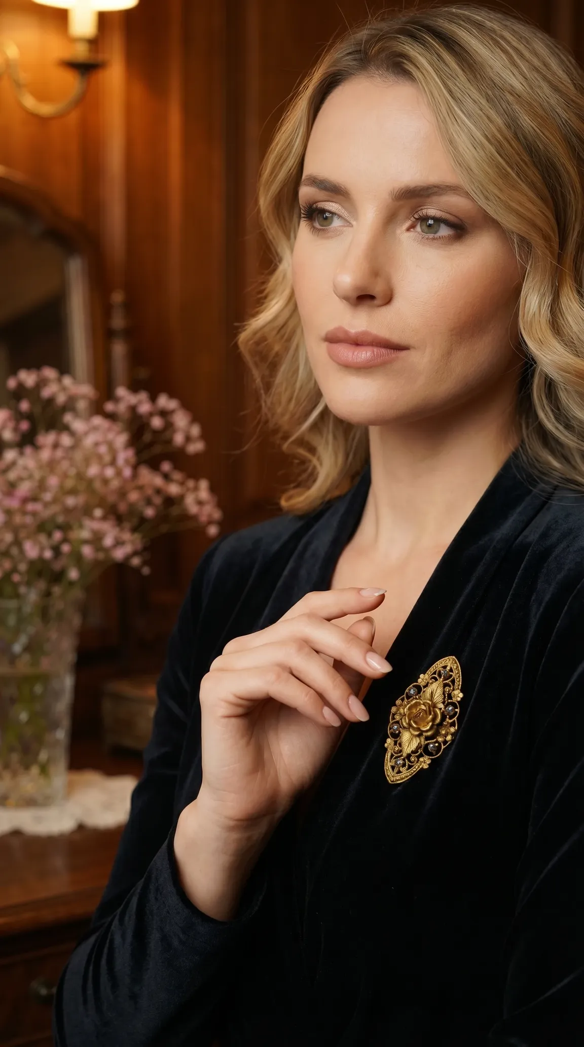 Elegant woman in black velvet dress wearing a vintage gold-tone rose brooch with dark accents.