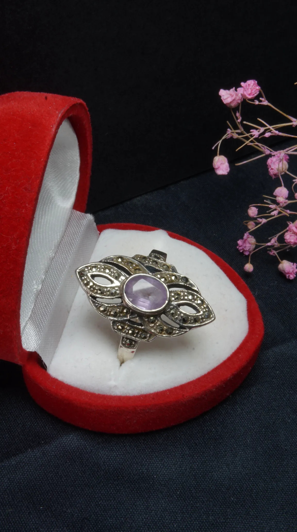vintage silver amethyst marcasite ring in red jewelry box