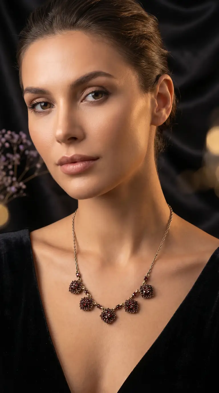 Vintage gold tone necklace with dark red garnet clusters on a woman