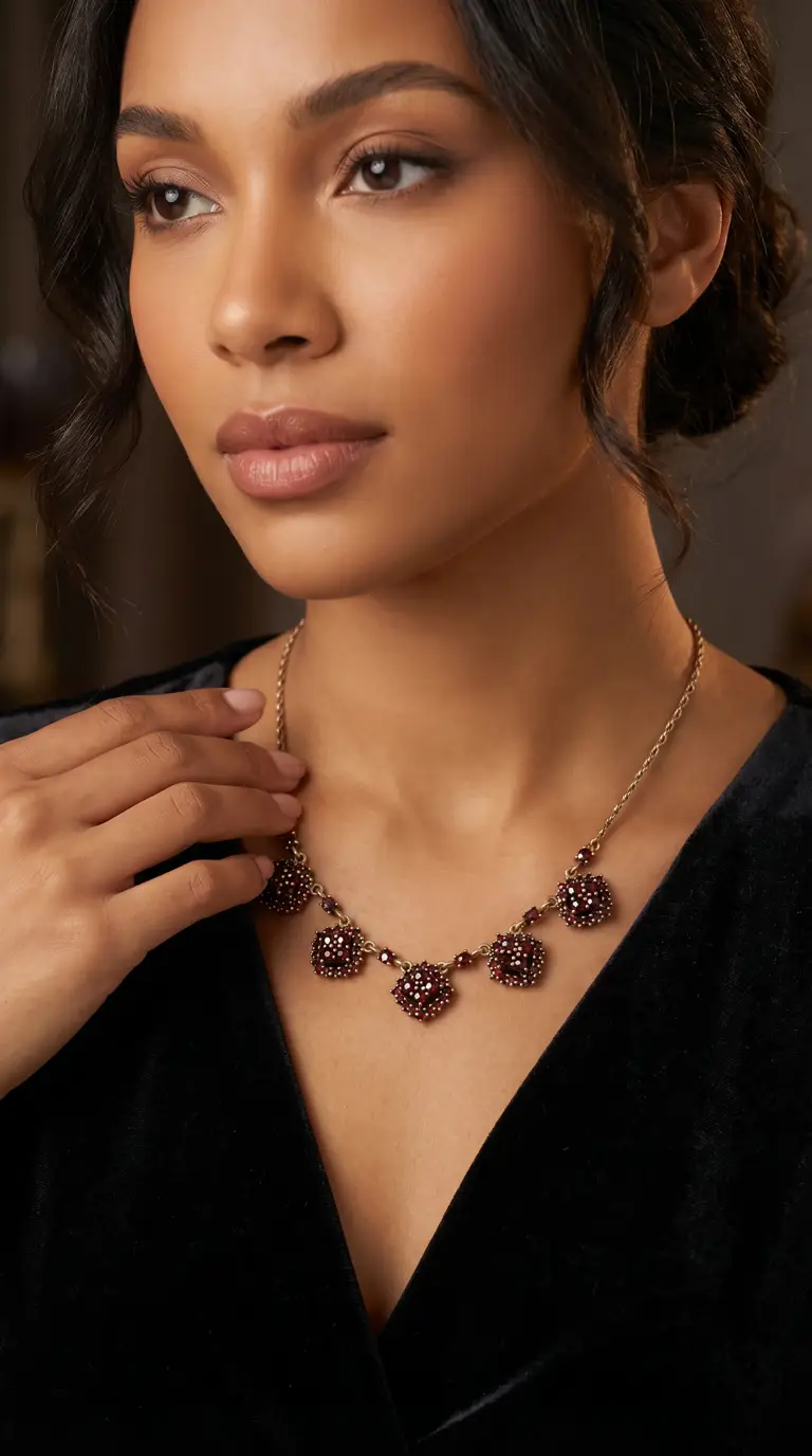 Antique garnet necklace with dark red gemstone clusters in gold-tone setting, worn by a woman in black velvet.