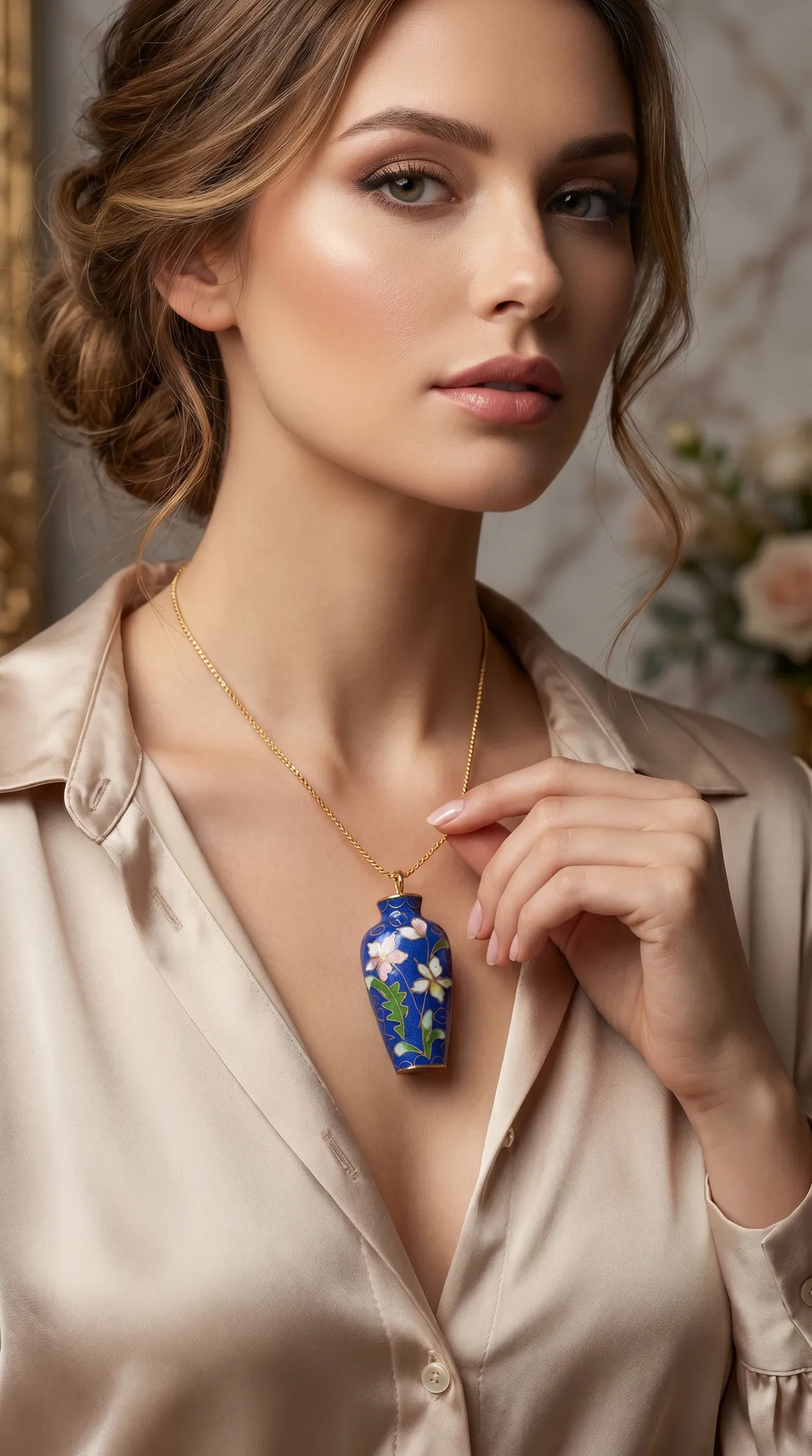Vintage blue cloisonné enamel floral vase pendant necklace on gold chain