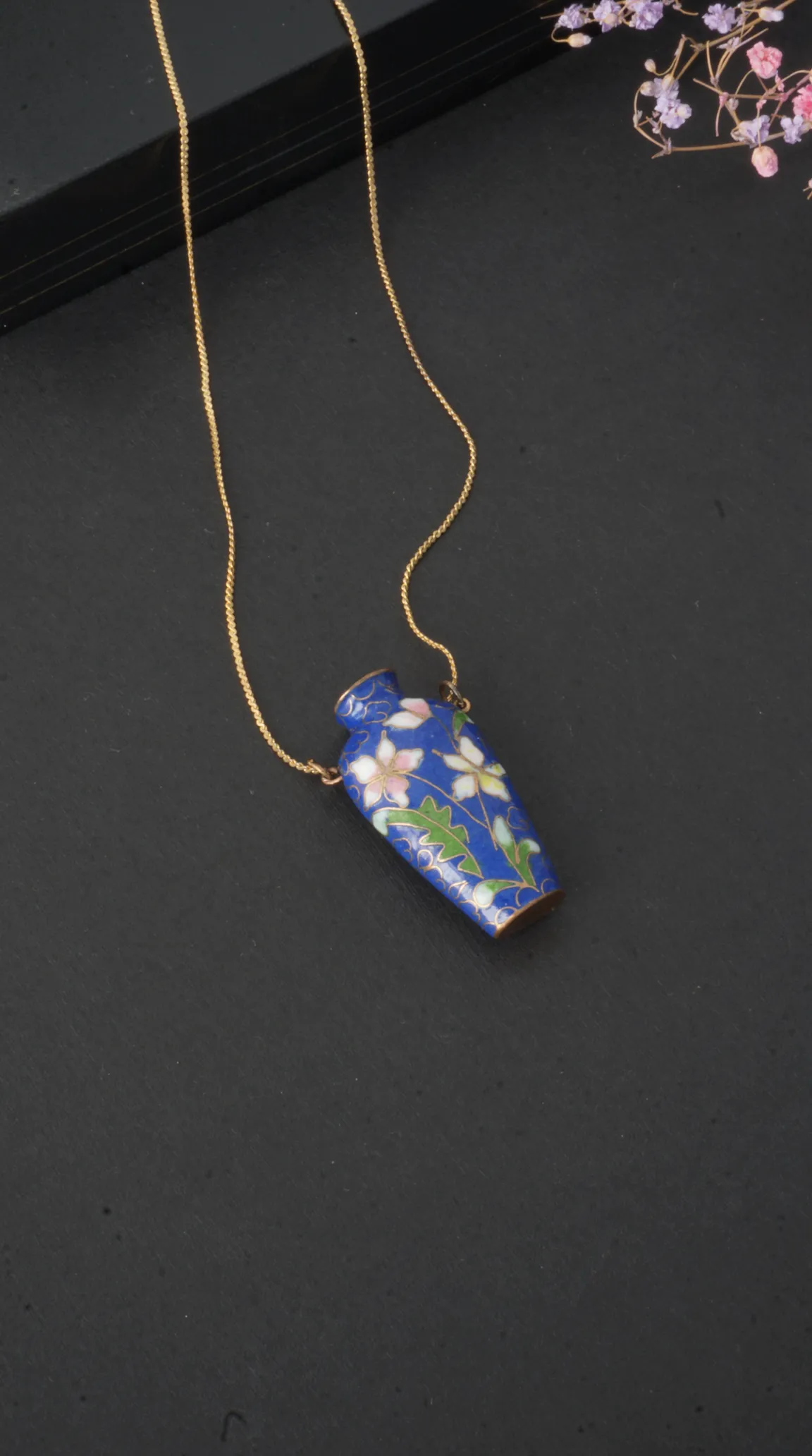 Vintage blue cloisonné enamel floral bottle pendant necklace with gold chain.