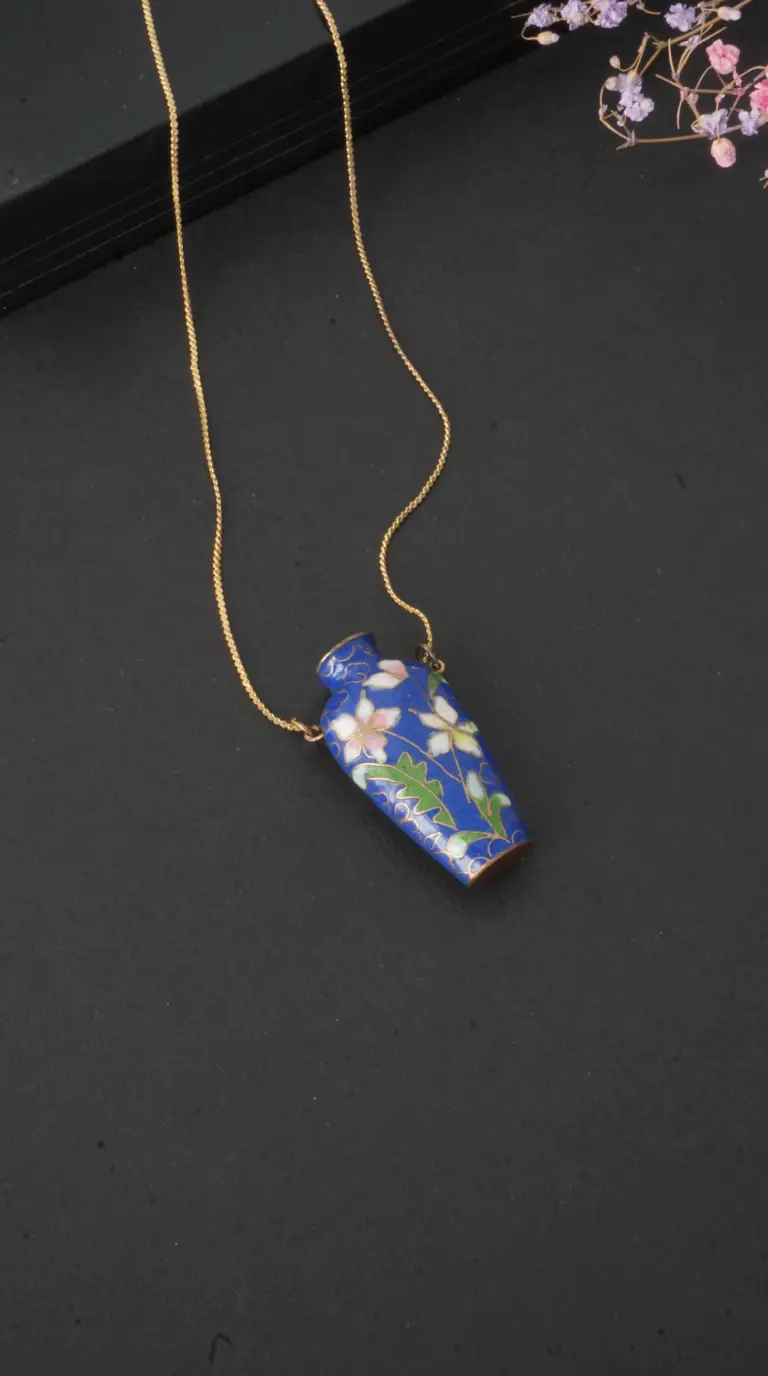 Vintage blue cloisonné enamel floral bottle pendant necklace with gold chain.