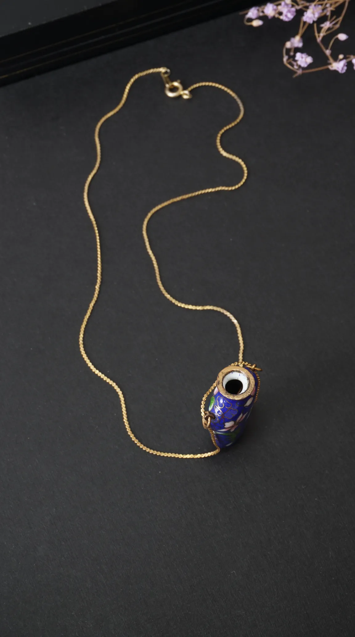 Vintage blue floral cloisonné enamel perfume bottle pendant necklace with gold chain.