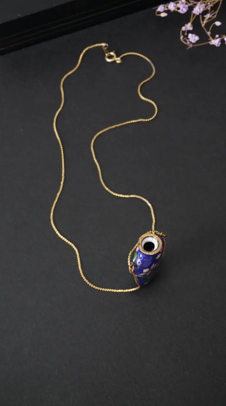 Vintage blue floral cloisonné enamel perfume bottle pendant necklace with gold chain.