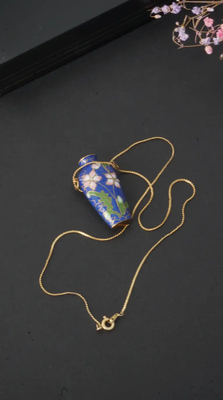 Vintage blue cloisonné enamel floral perfume bottle pendant necklace with gold chain