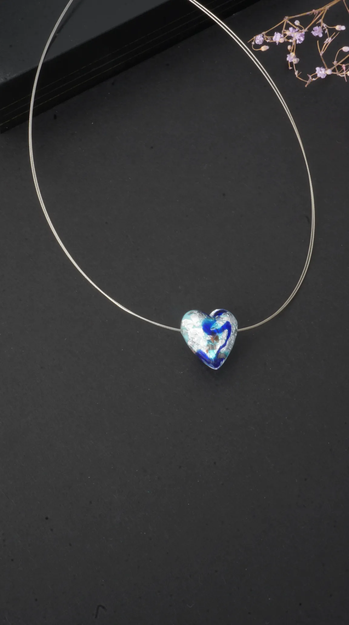 Vintage silver wire necklace with blue and silver art glass heart pendant