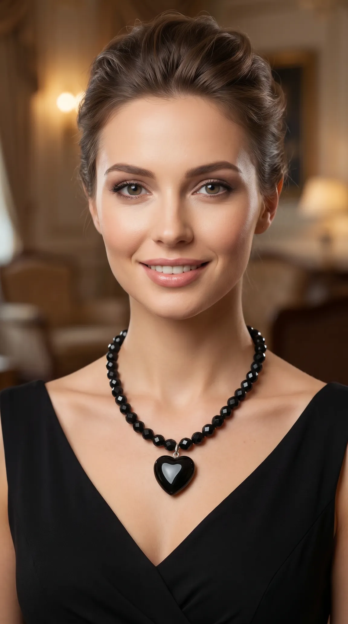Vintage black faceted bead necklace with polished heart pendant worn by a smiling woman.