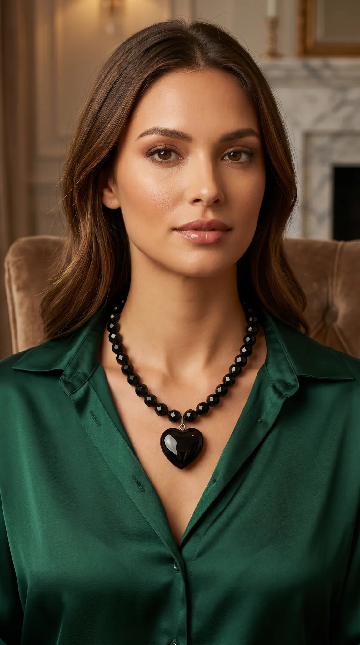 Vintage black faceted bead necklace with polished black heart pendant worn by a woman in an emerald green satin blouse.
