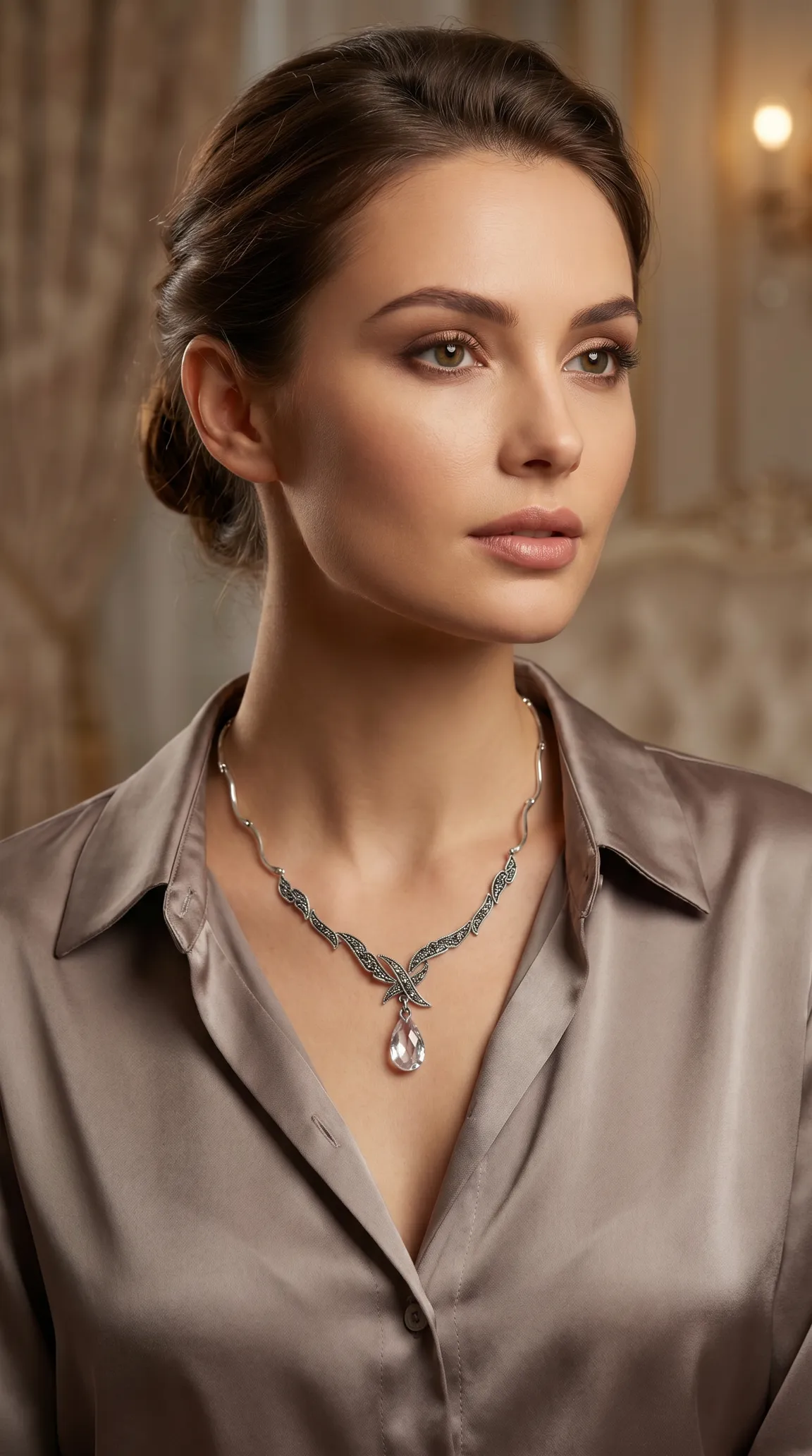 Vintage silver necklace with intricate marcasite detail and a large clear crystal teardrop pendant modeled on a woman.