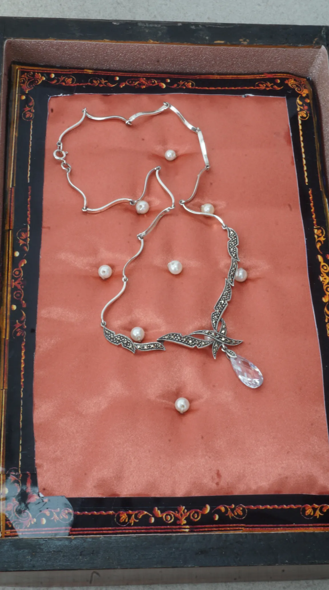 Vintage sterling silver marcasite necklace with clear crystal teardrop pendant