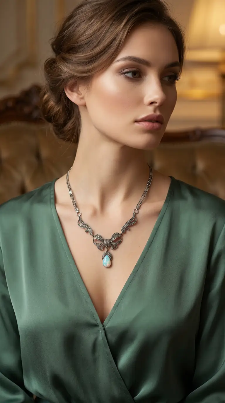 Vintage silver marcasite bow necklace with teardrop opal pendant worn by woman in green dress.