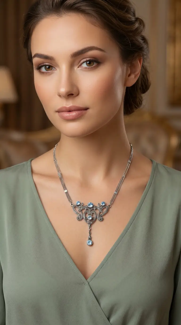 Vintage silver filtone filigree necklace with aqua blue gemstones on woman in green top