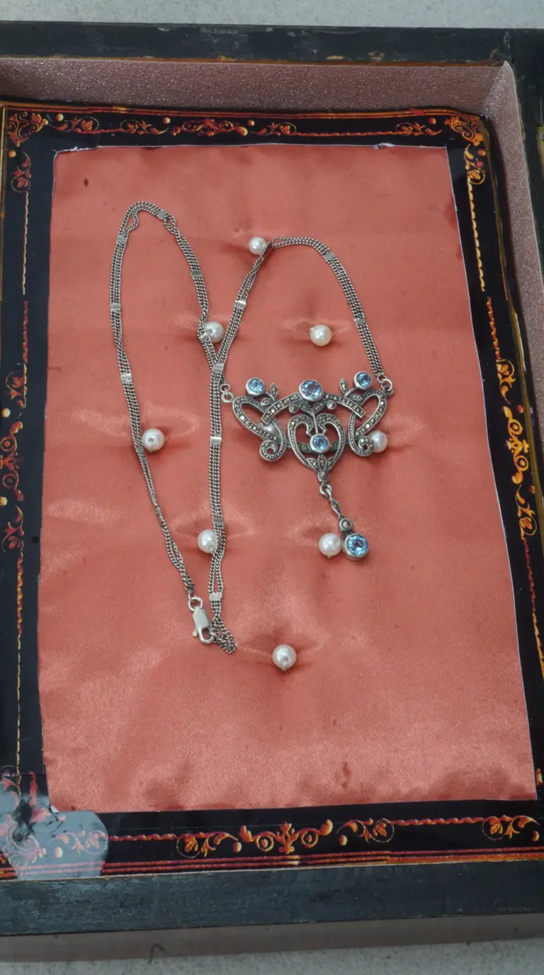 Vintage sterling silver marcasite necklace with aquamarine and pearl accents