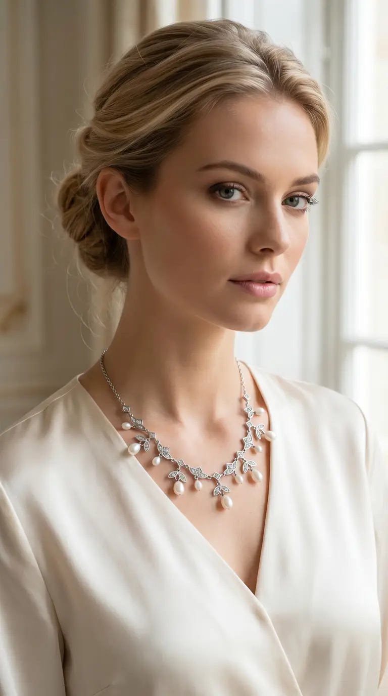 Vintage style pearl and crystal leaf necklace with silver-tone finish and teardrop pearls.